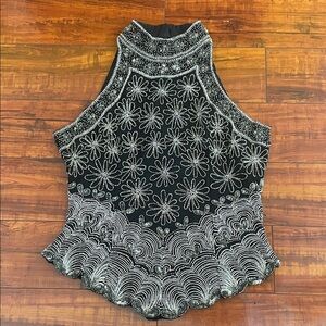 Papell Boutique Black and Silver Floral Embellished Blouse